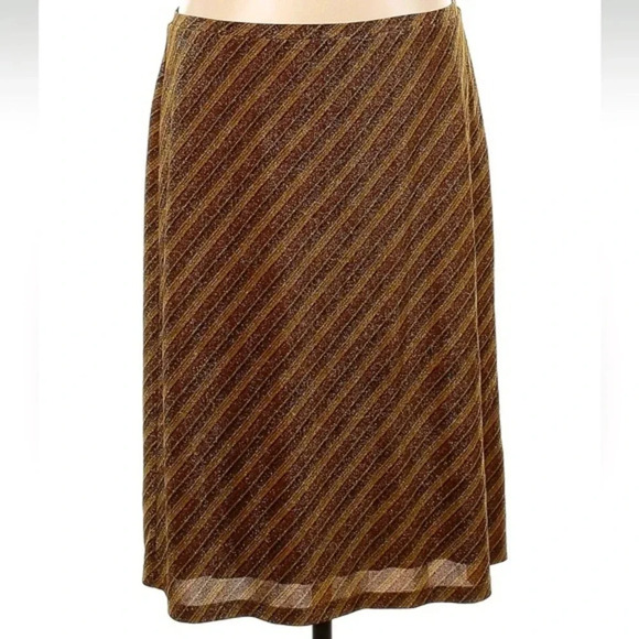 Vintage Express Y2K Metallic Diagonal Striped Brown Gold Midi Skirt Size Large L - Picture 1 of 4